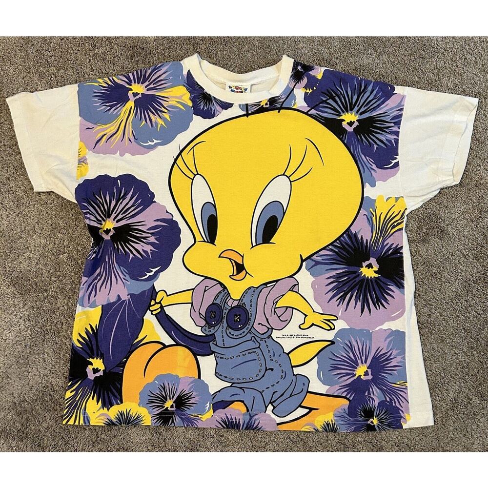 Vintage 90s Tweety Bird All Over Print T Shirt Size XL Looney Tunes Cartoon
